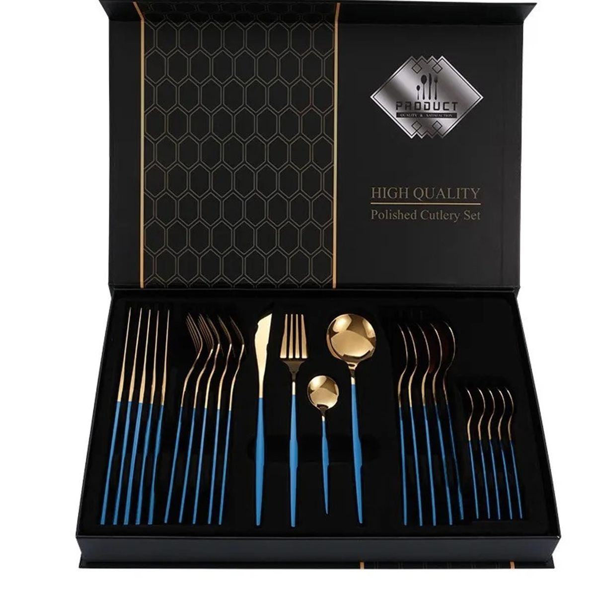 GENERICO - Juego de cubiertos dorado y azul PREMIUM de 24 piezas y caja de regalo