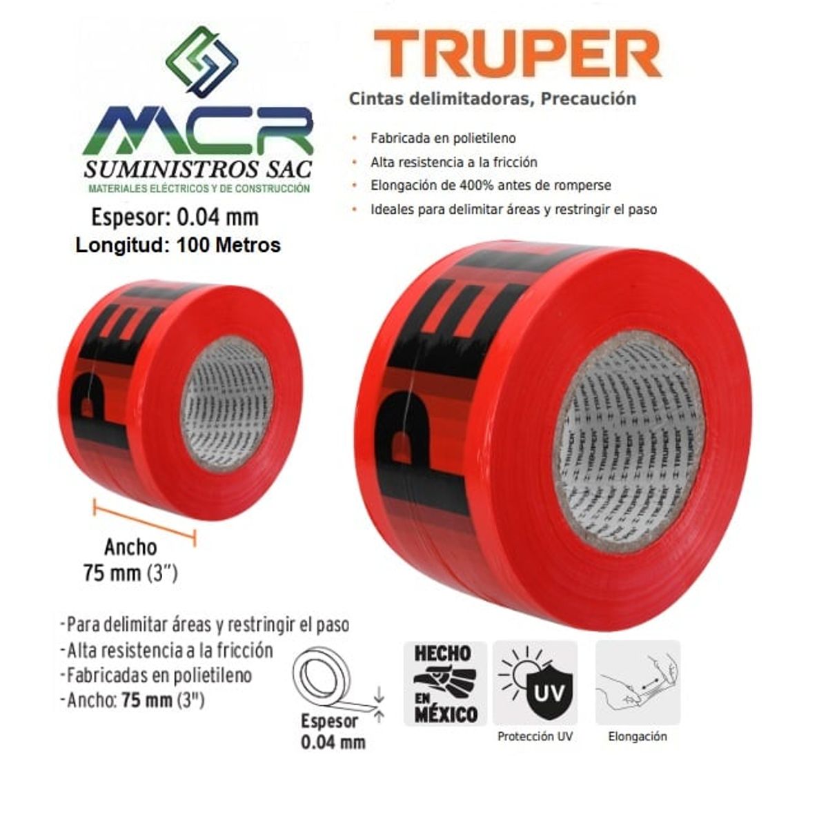 TRUPER - CINTA DE SEGURIDAD PELIGRO ROLLO DE 100M X 3 PULGADAS