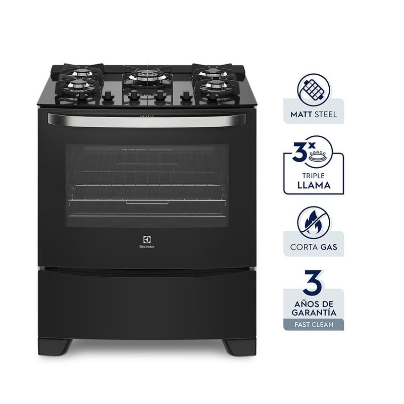 ELECTROLUX - Cocina Electrolux 5 Quemadores con Mesa de Vidrio Templado y Triple Llama 76cm (76GS-CL)