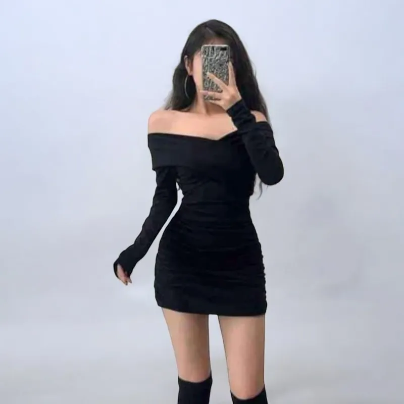 Casual Vestido Negro Corto Mujer Vestido Casual Rip Grueso Corto