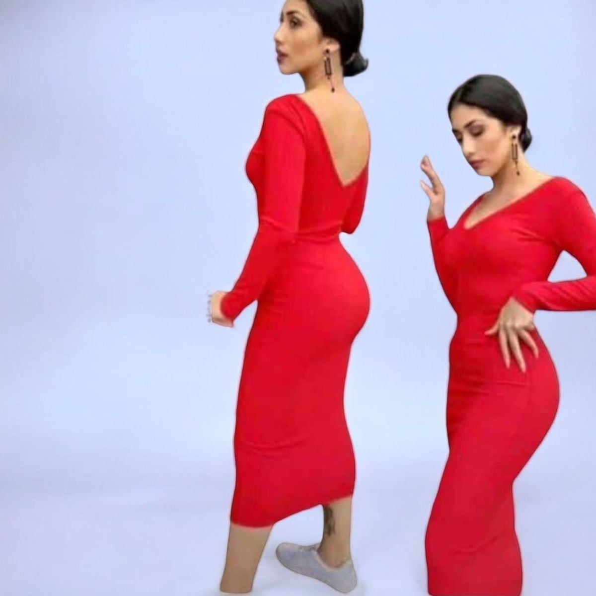 GENERICO - Vestido Rip Casual Doble V Manga Larga Tcl-21 Color Rojo