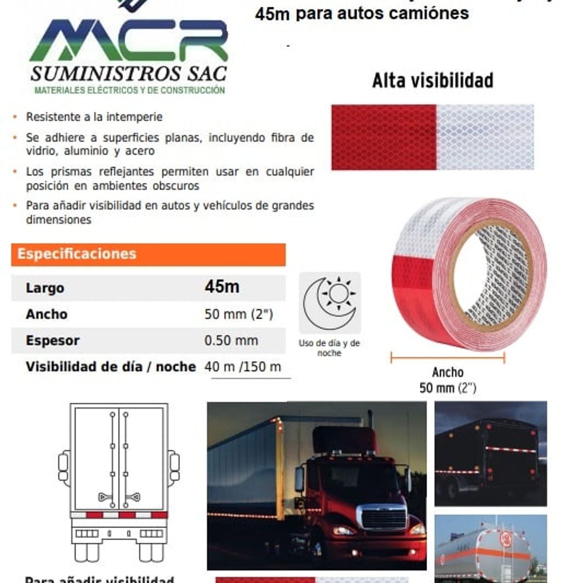 Cinta reflectiva reflejante blanco y rojo 45 metros para autos camiónes, marca GENERICO - Foto Principal