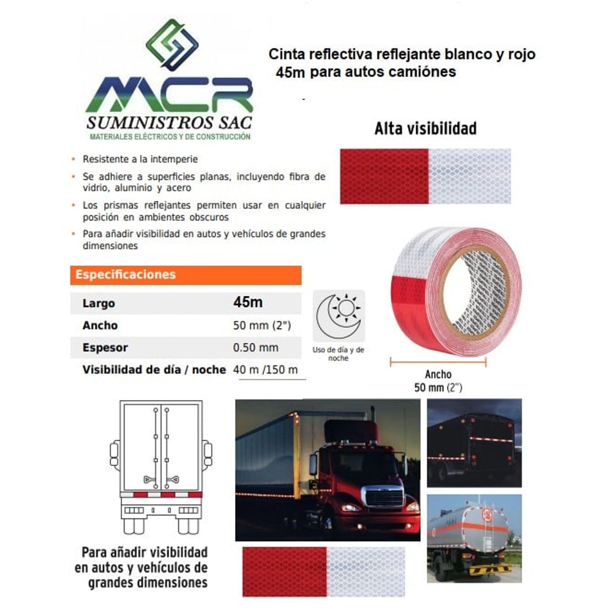 Cinta reflectiva reflejante blanco y rojo 45 metros para autos camiónes, marca GENERICO - Foto Principal