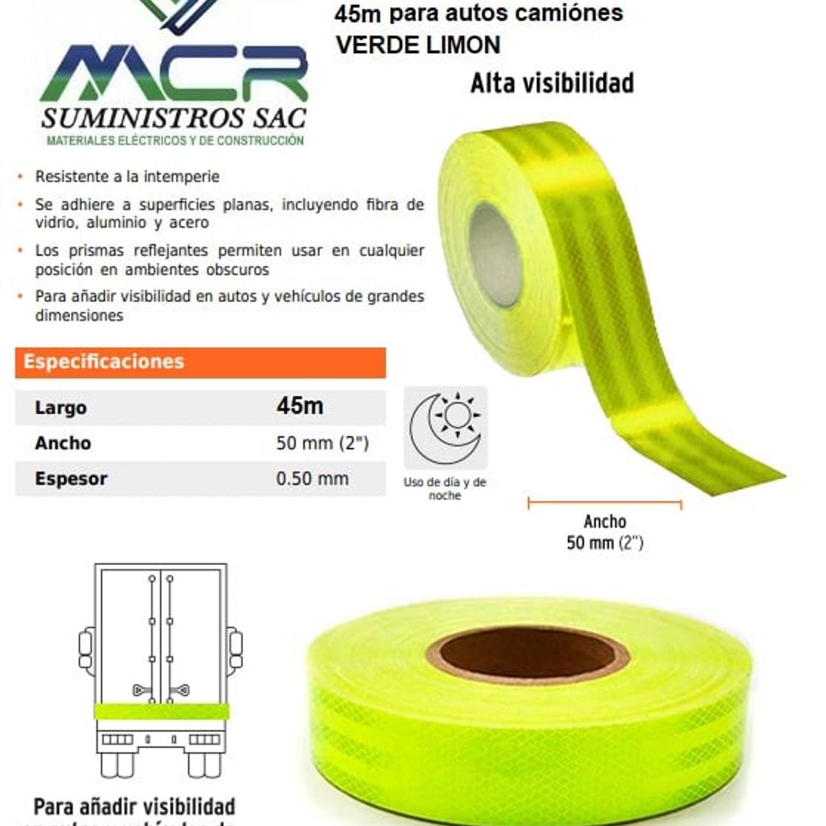 GENERICO - Cinta reflectiva reflejante verde limon fluorescente 45 m para autos, camiónes