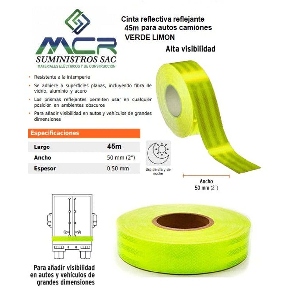 GENERICO - Cinta reflectiva reflejante verde limon fluorescente 45 m para autos, camiónes