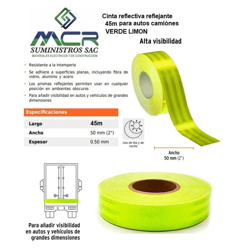 GENERICO - Cinta reflectiva reflejante verde limon fluorescente 45 m para autos, camiónes