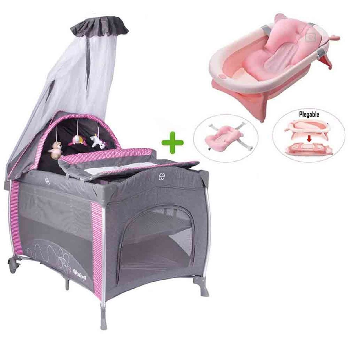 EBABY - Cuna Corral Noa Aluminio  Tina Bañera Plegable Rosado