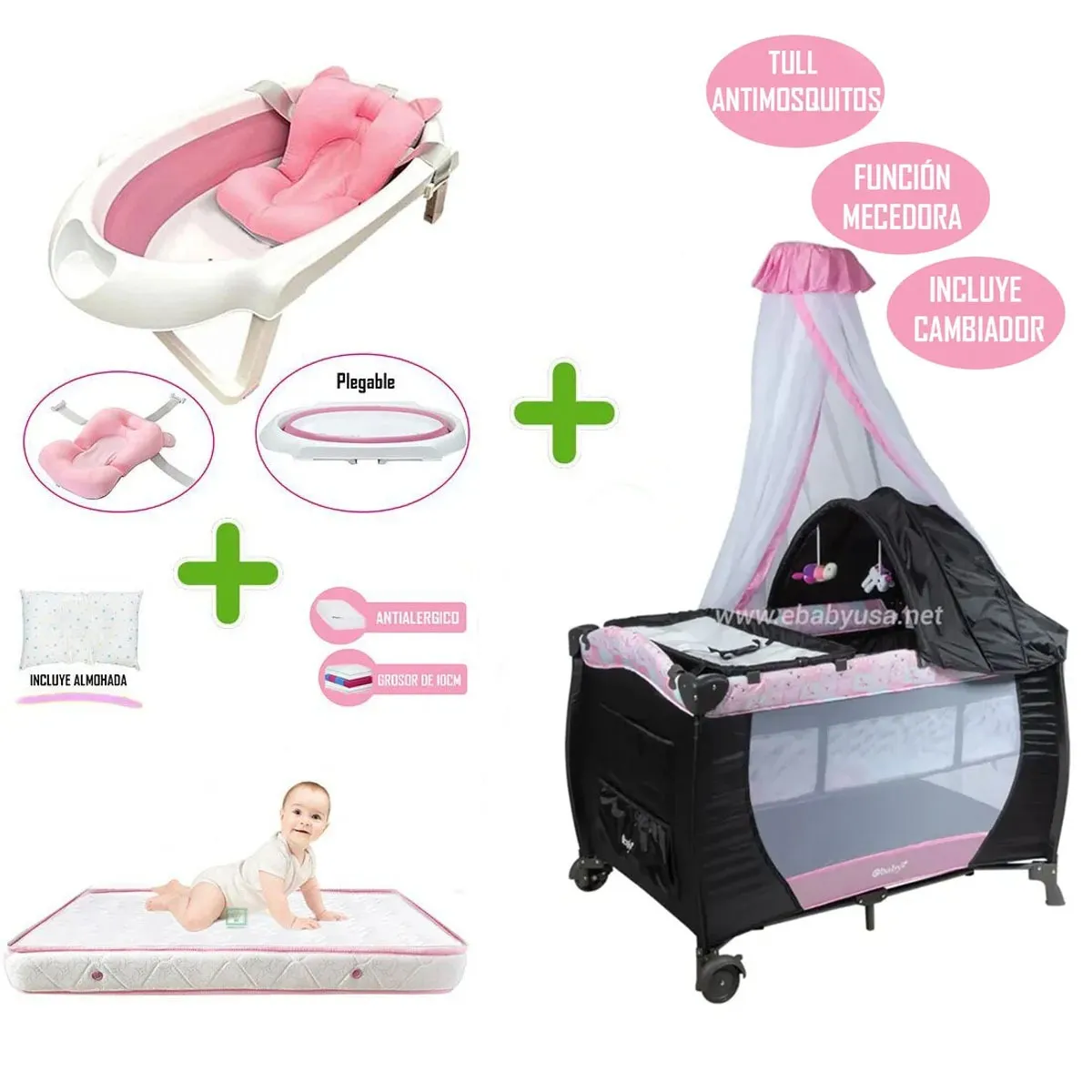 EBABY - Cuna Corral Sally 716 + Colchón de 4"+ Bañera Rosado