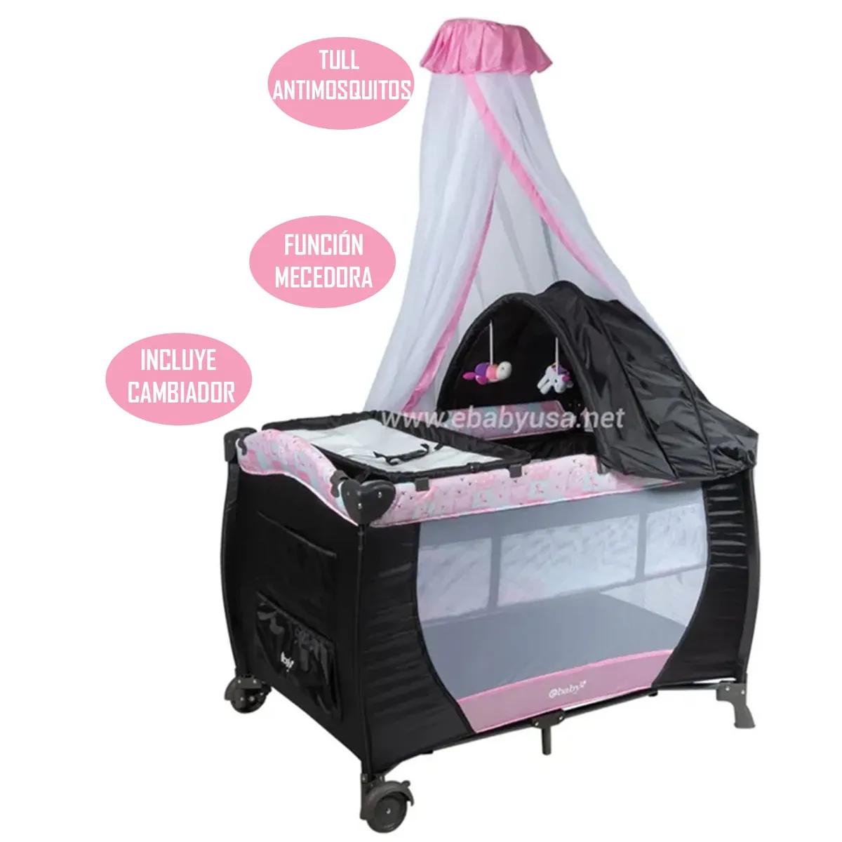 EBABY - Cuna Corral Sally 716 + Colchón de 4"+ Bañera Rosado
