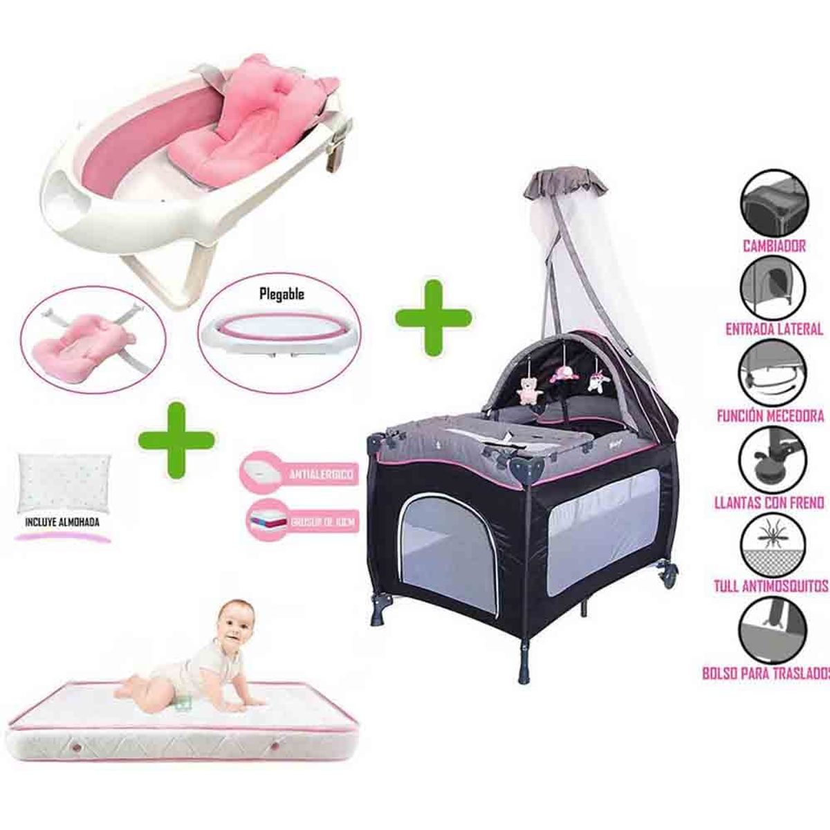 EBABY - Cuna Corral Sally 716 + Colchón de 4"+ Bañera Rosado