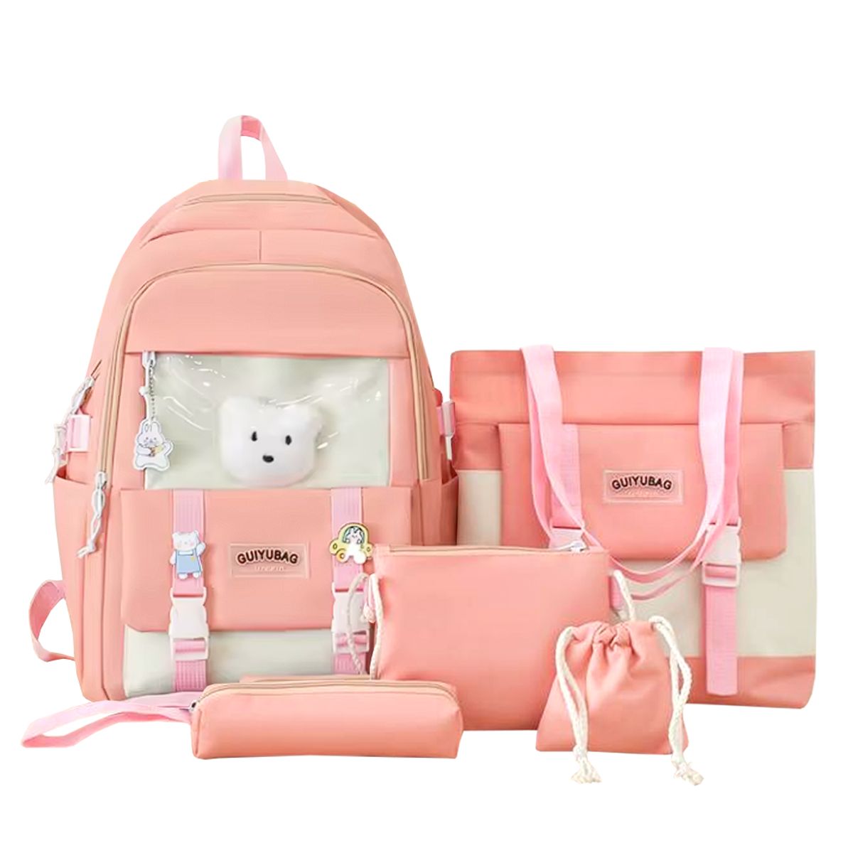 GENERICO - Mochila Coreana Kawaii Color Rosado de 5 piezas con Pines y Peluche