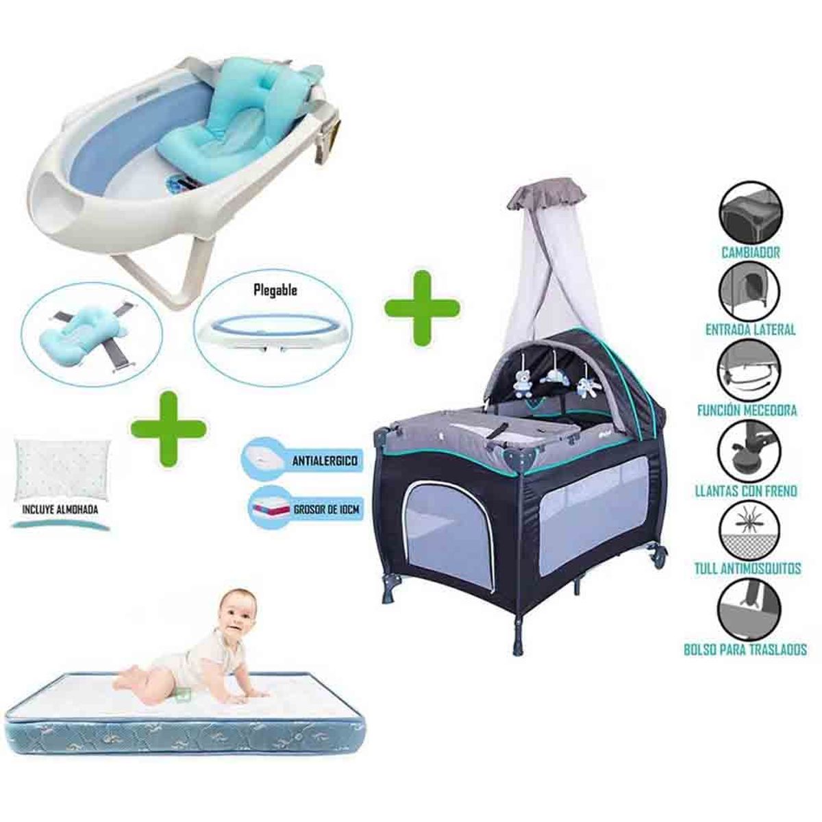 EBABY - Cuna Corral Sally 716 + Colchón de 4"+ Bañera Celeste