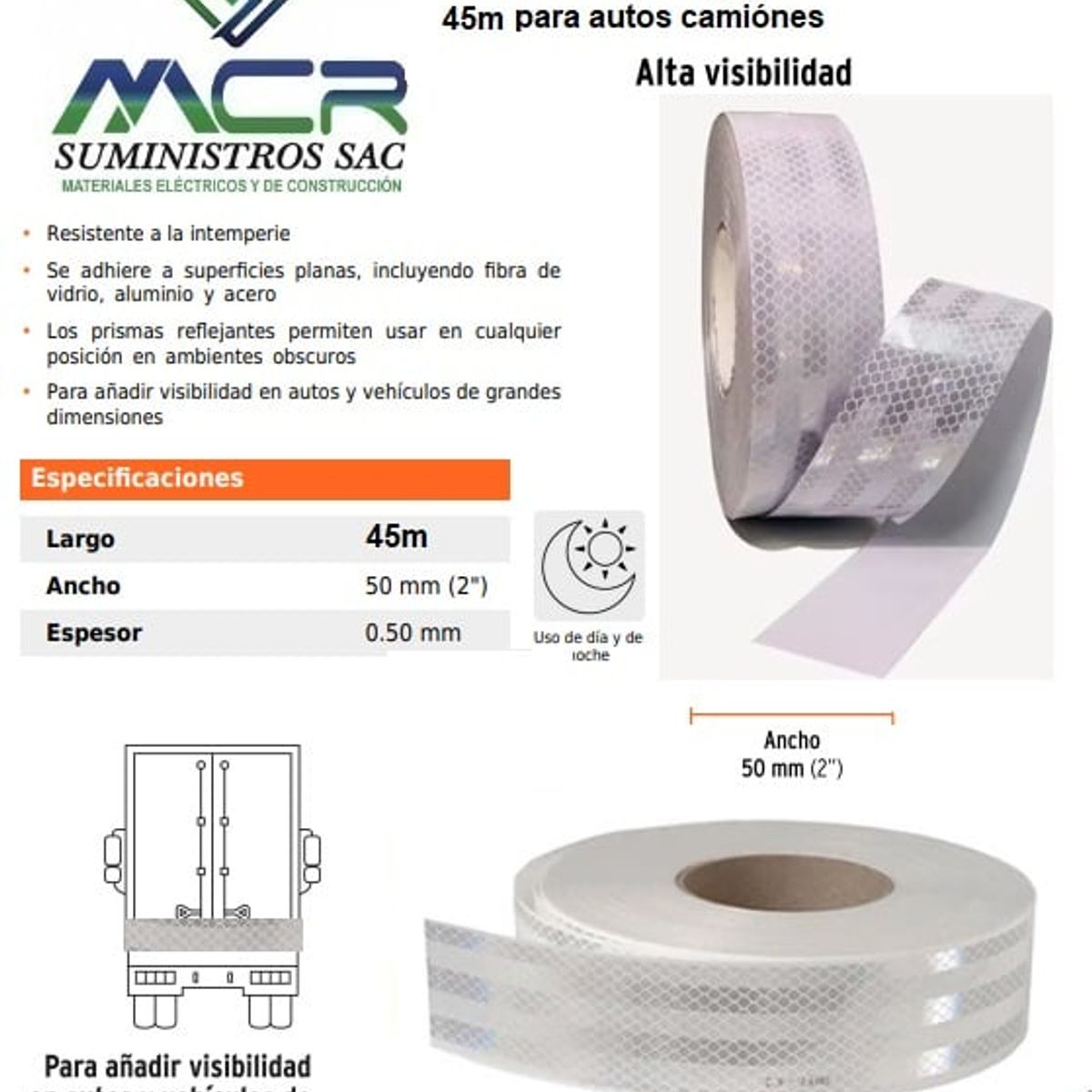 GENERICO - Cinta reflectiva reflejante BLANCO 45 metros para autos camiónes