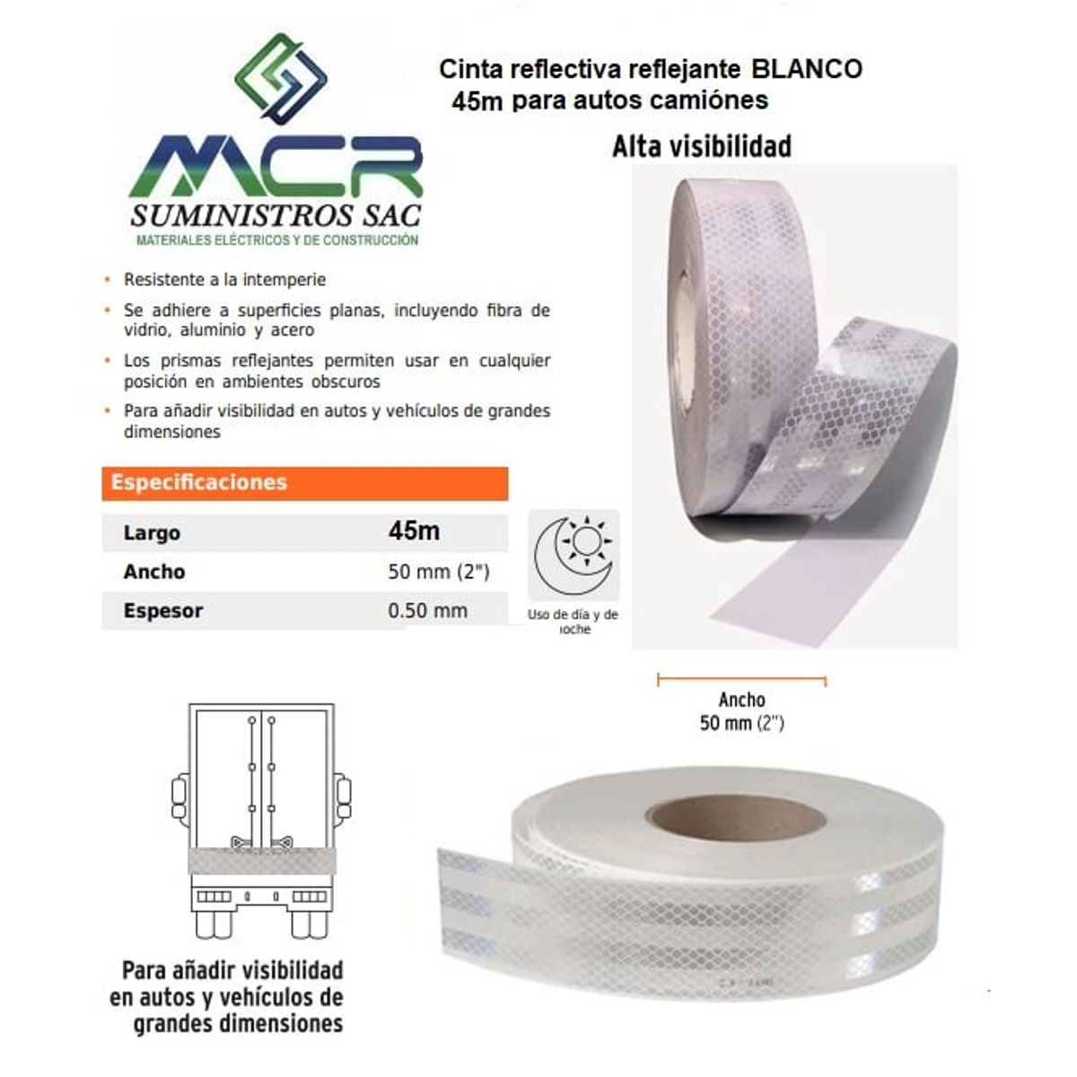 GENERICO - Cinta reflectiva reflejante BLANCO 45 metros para autos camiónes