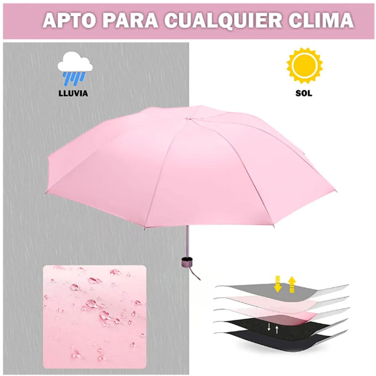 GENERICO - Paraguas Plegable Sombrilla de Mano para Sol Lluvia