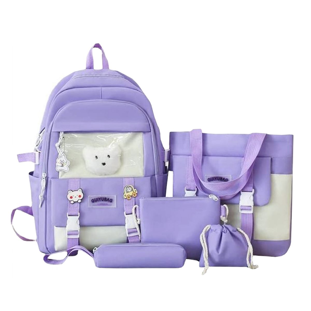 GENERICO - Mochila Coreana Kawaii Morado de 5 piezas con Pines y cabeza de oso