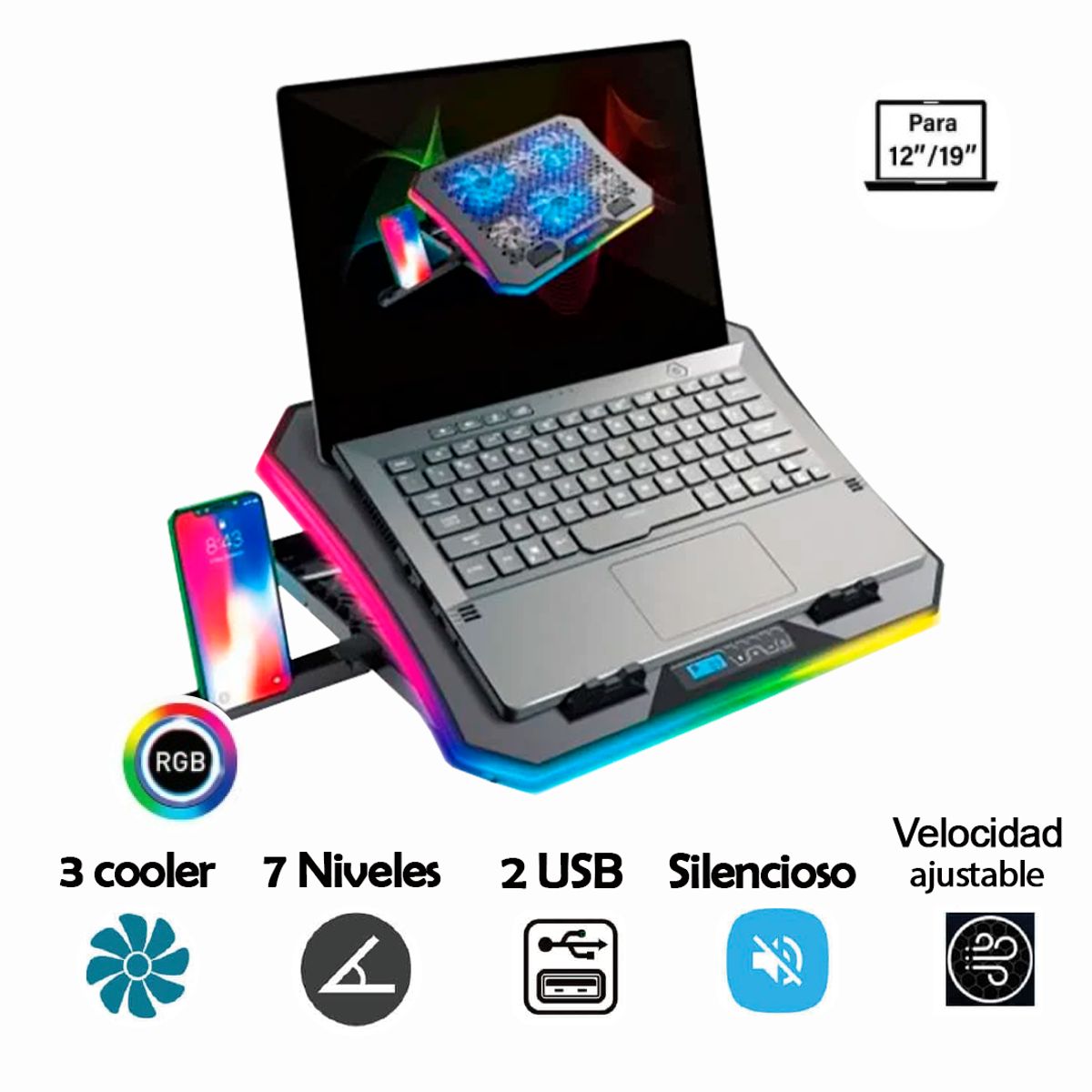 TEROS - Cooler Teros Te-7130n Rgb Con 7 Niveles Hasta 19 Pulgadas