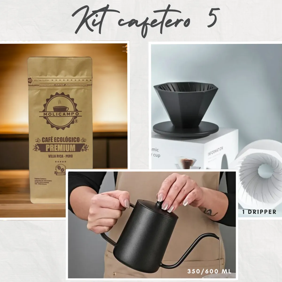GENERICO - Kit cafetero Dripper + tetera cuello de ganso + café 250 g