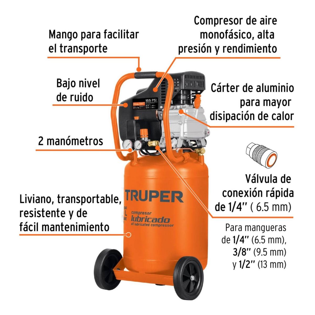TRUPER - Kit Compresor de aire 50L manguera pistola para pintar sopletear