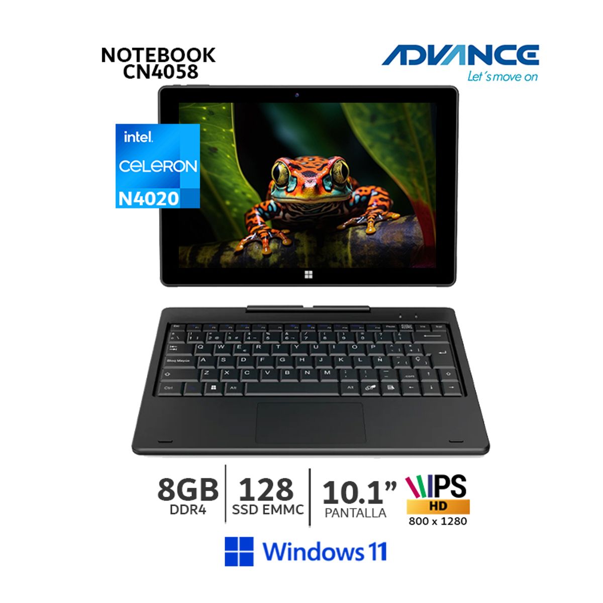 ADVANCE - Laptop Advance CN4058 2 en 1 Celeron N4020 RAM 8GB Disco 128GB 10.1 Pantalla táctil Windows 11
