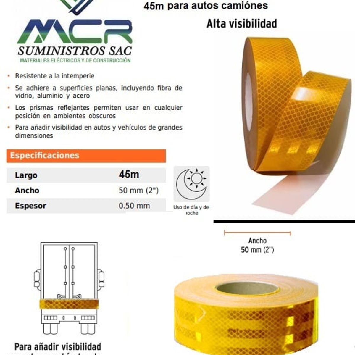 GENERICO - Cinta reflectiva reflejante AMARILLO 45 metros para autos camiónes
