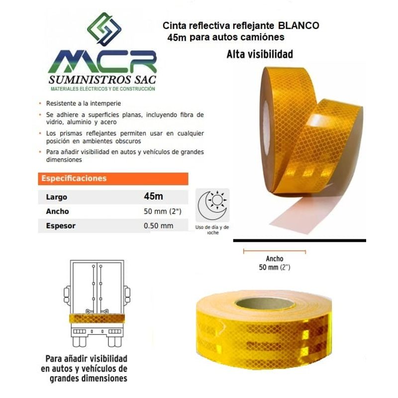 GENERICO - Cinta reflectiva reflejante AMARILLO 45 metros para autos camiónes