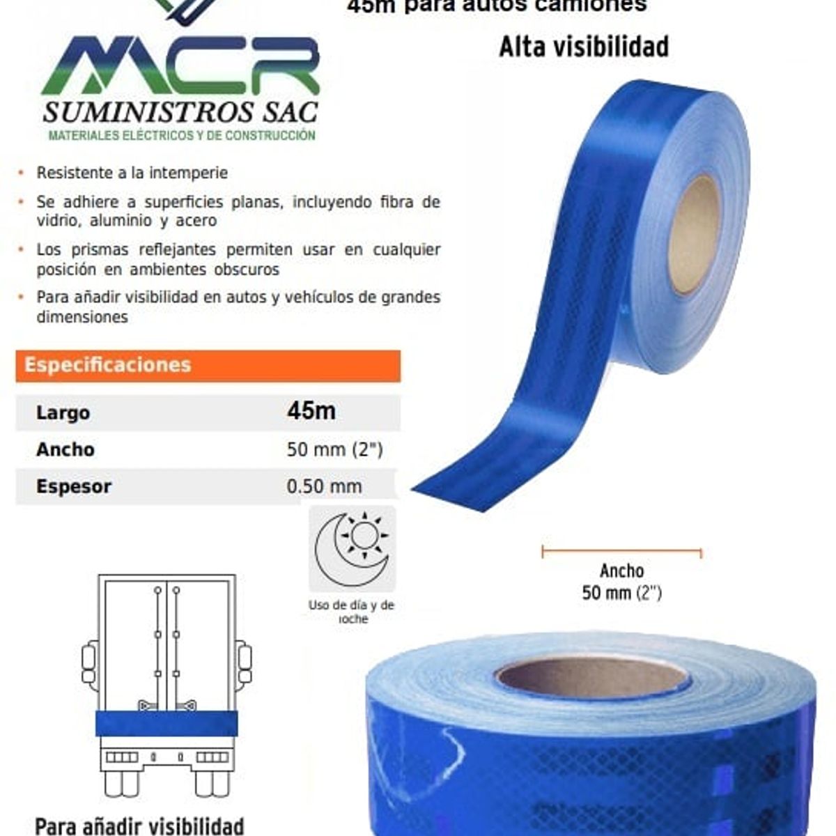 GENERICO - Cinta reflectiva reflejante AZUL 45 metros para autos camiónes