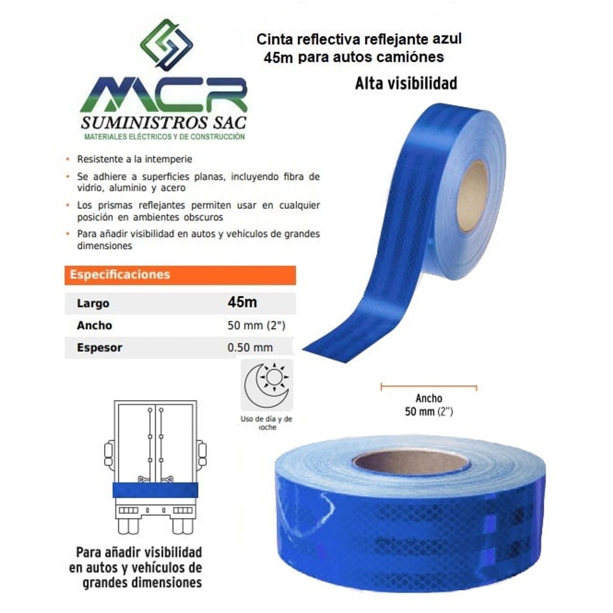 GENERICO - Cinta reflectiva reflejante AZUL 45 metros para autos camiónes