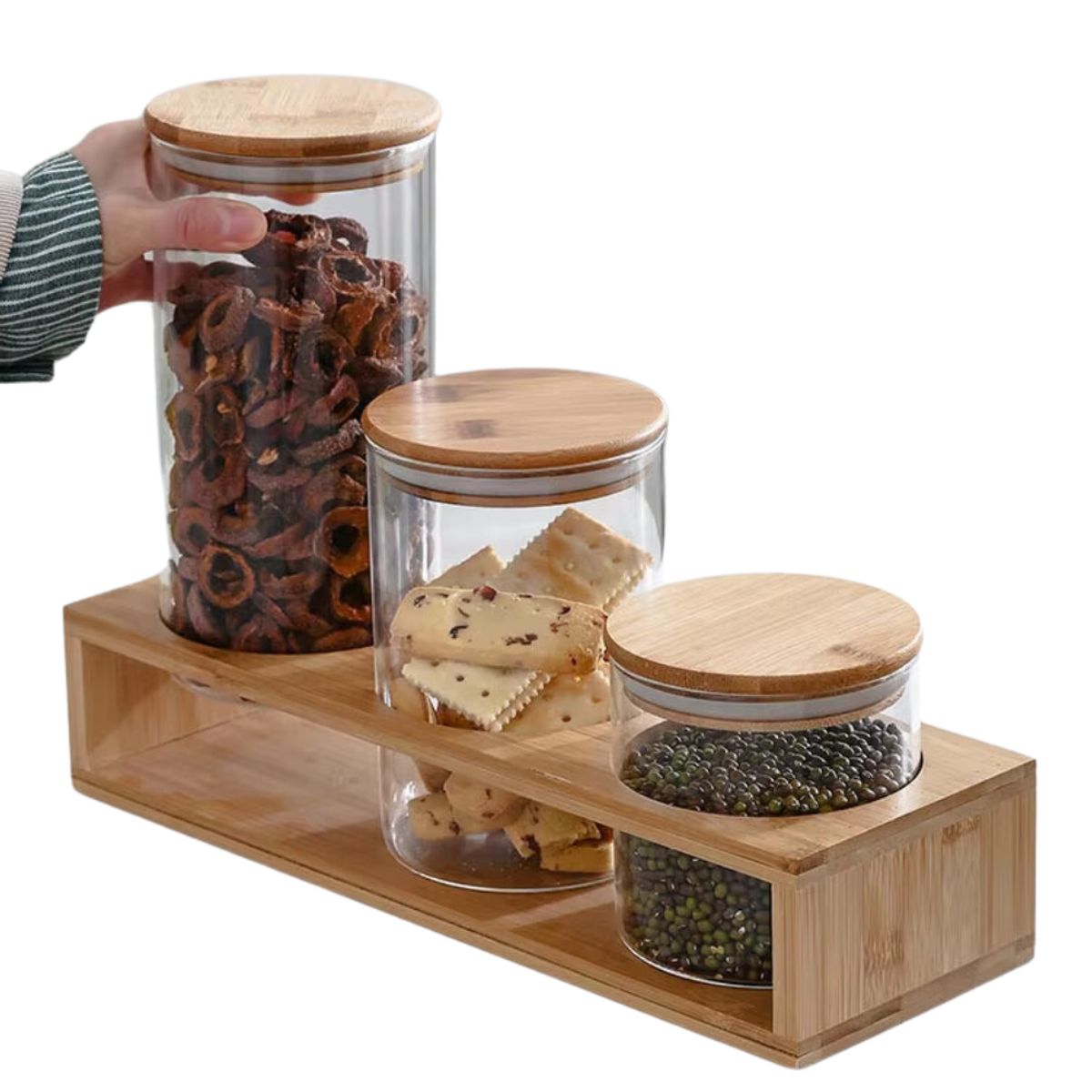 HYGGE - Set de 3 Contenedores Frascos de Vidrio con Tapa y Base de Bambú