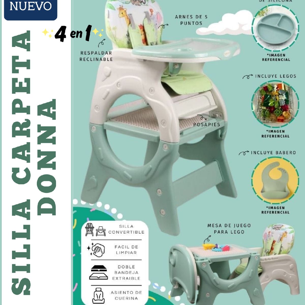 VOYAGE - Silla de Comer Escritorio 4 en 1 DONNA CON PLATITO, LEGOS