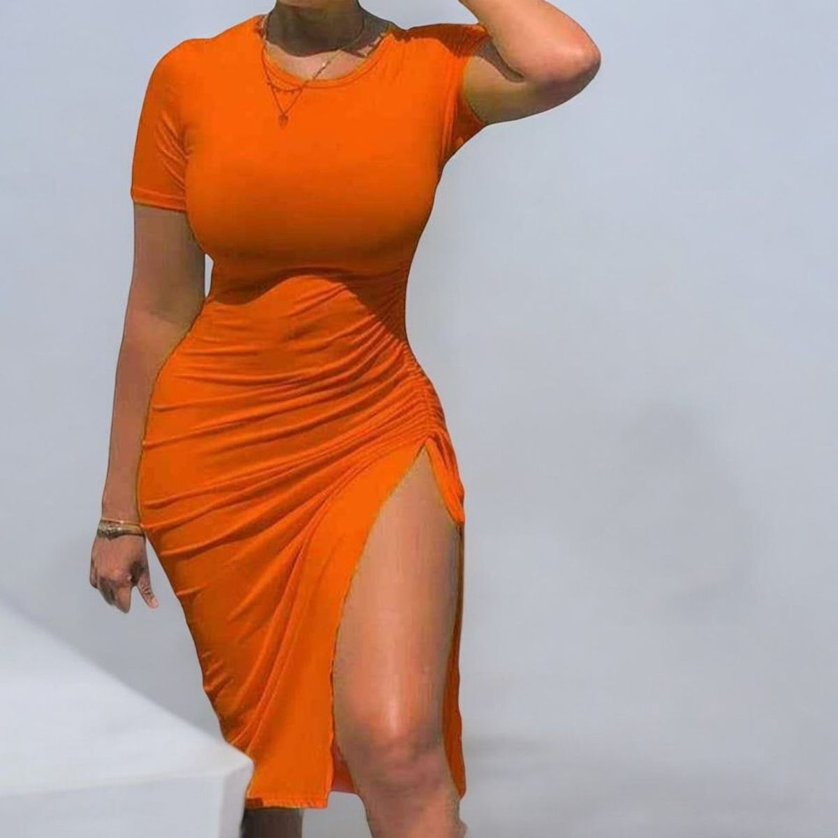 GENERICO - Vestido Casual Rip Grueso Manga Tres Cuartos Juventud Sexy Color Naranja