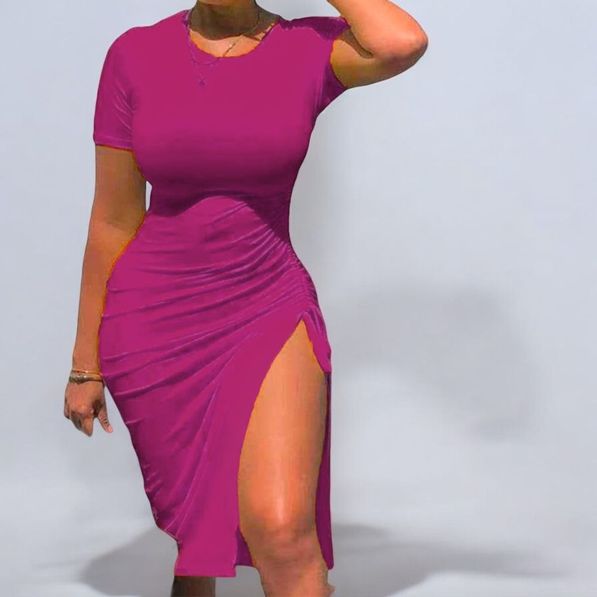 GENERICO - Vestido Casual Rip Grueso Manga Tres Cuartos Juventud Sexy Color Fucsia