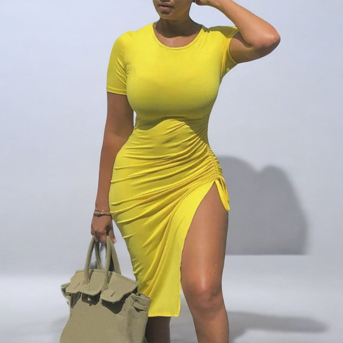 GENERICO - Vestido Casual Rip Grueso Manga Tres Cuartos Juventud Sexy Color Amarillo