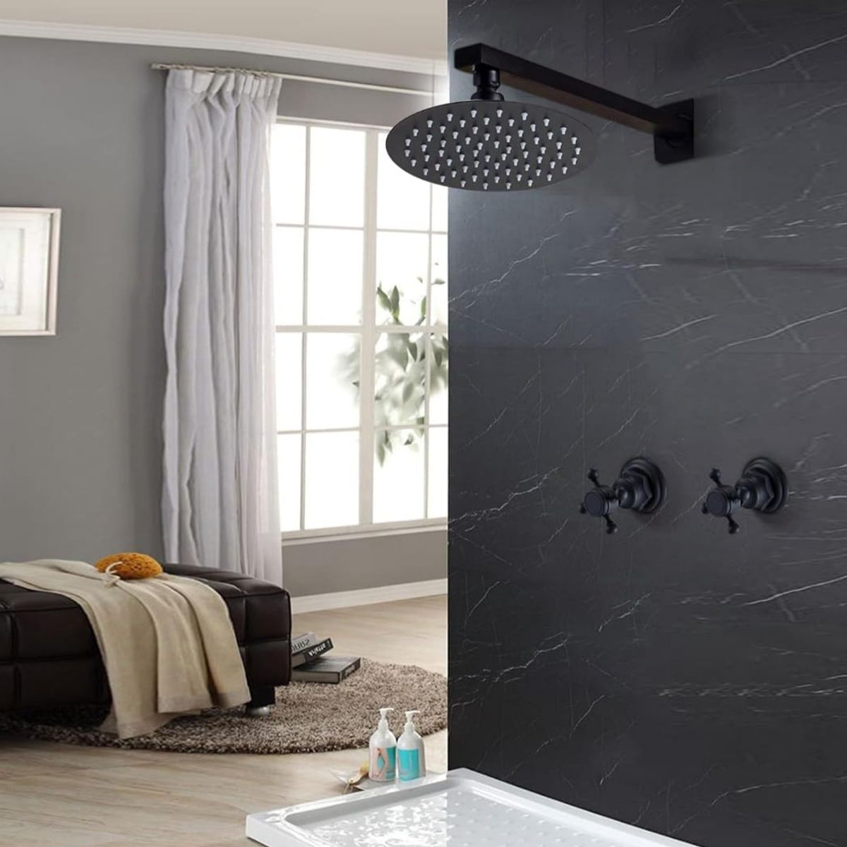 GENERICO - Cabeza Ducha Redonda 30cm Negro Mate Brazo 50cm Acero Inoxidable