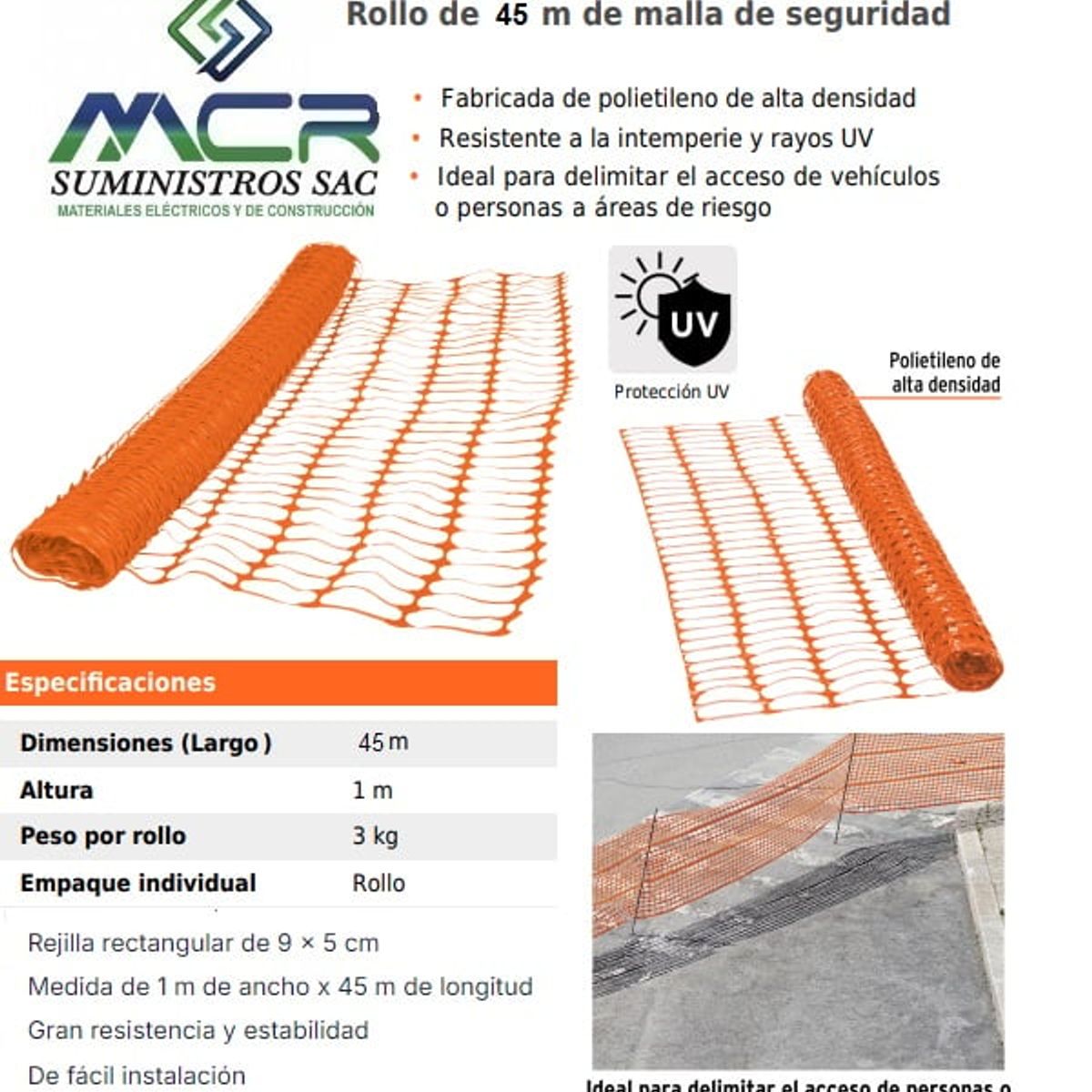 GENERICO - MALLA DE SEGURIDAD DE 45M DE LARGO Y 1 METRO DE ALTO