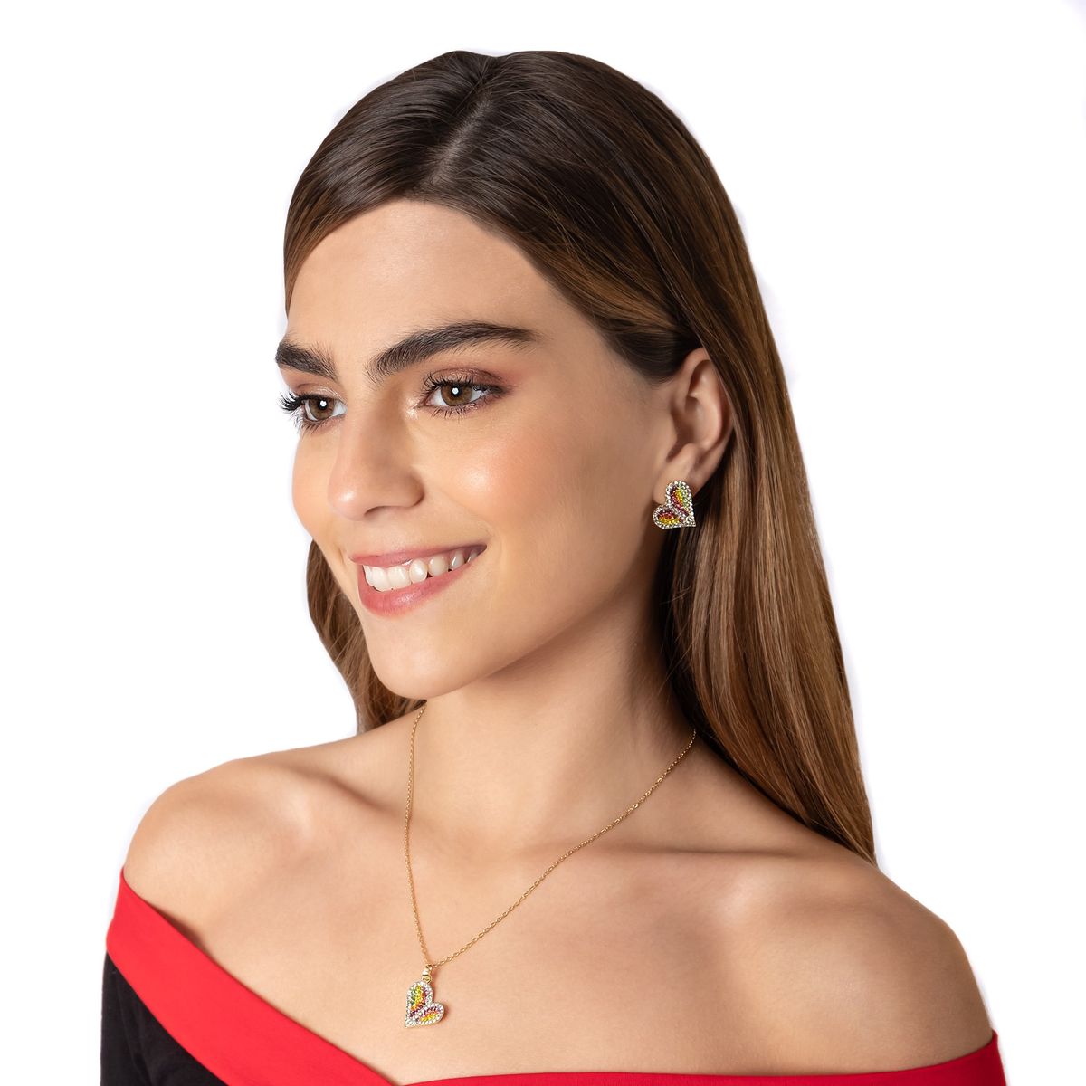 GENERICO - Collar con Dije Aretes en Forma de Corazón Brillante Dorado Mujer