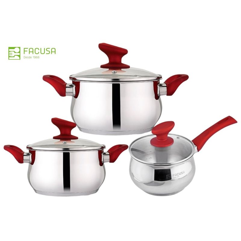 FACUSA - Juego de Ollas 6 piezas Acero Inoxidable Rojo - Facusa
