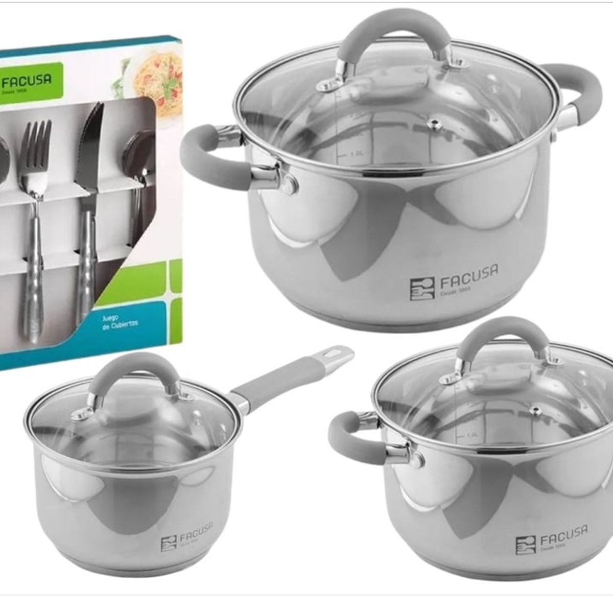 FACUSA - Juego de Ollas 6 piezas + Set de Cubiertos 16 piezas Facusa
