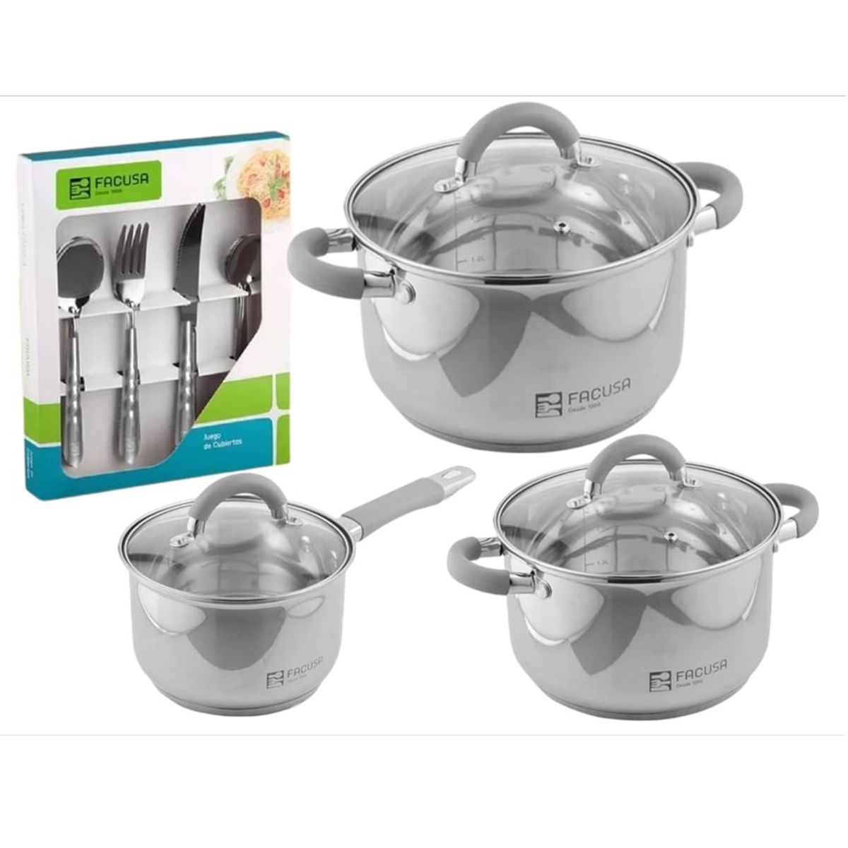FACUSA - Juego de Ollas 6 piezas + Set de Cubiertos 16 piezas Facusa