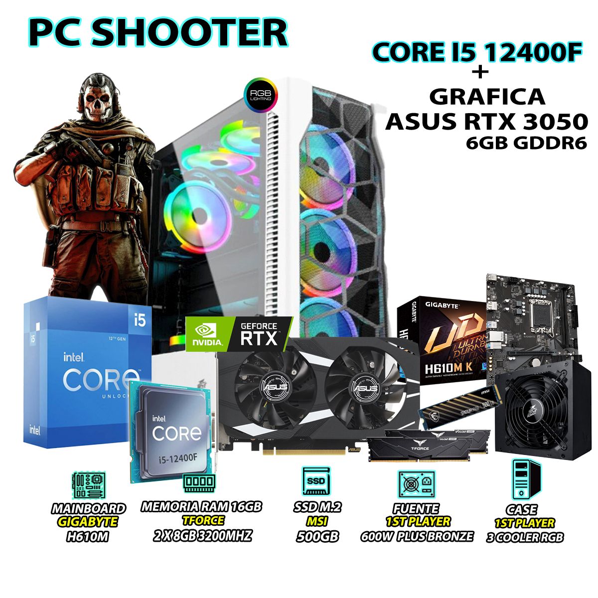 INTEL - Computadora Gamer Shooter Core i5 12400F RAM 16GB SSD 500GB ASUS RTX 3050 6GB