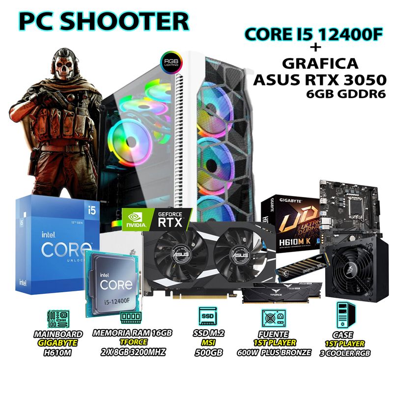 INTEL - Computadora Gamer Shooter Core i5 12400F RAM 16GB SSD 500GB ASUS RTX 3050 6GB
