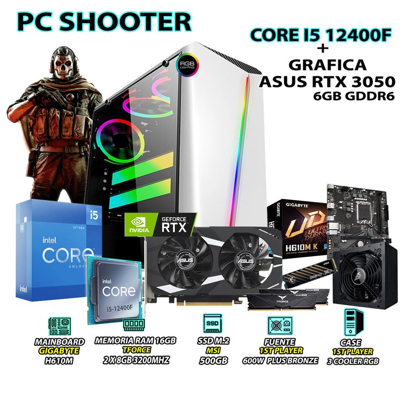 INTEL - Computadora Gamer Shooter Core i5 12400F RAM 16GB SSD 500GB ASUS RTX 3050 6GB