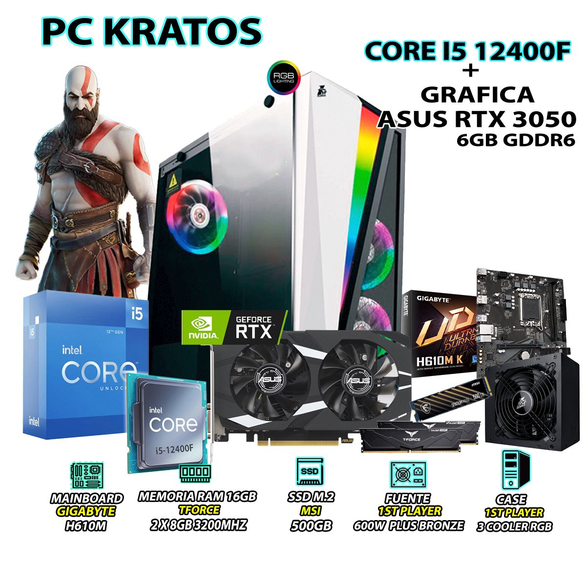 INTEL - Computadora Gamer Kratos Core i5 12400F RAM 16GB SSD 500GB ASUS RTX 3050 6GB
