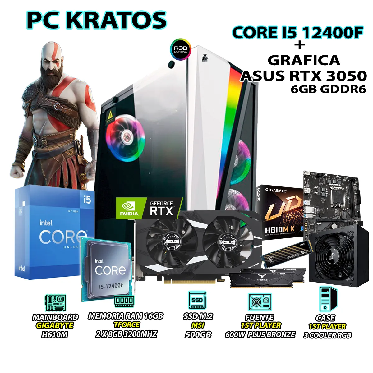 INTEL - Computadora Gamer Kratos Core i5 12400F RAM 16GB SSD 500GB ASUS RTX 3050 6GB