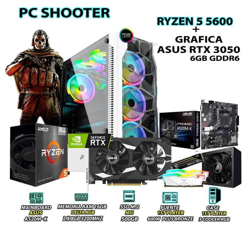AMD - Computadora Gamer Shooter Ryzen 5 5600 RAM 16GB SSD 500GB ASUS RTX 3050 6GB