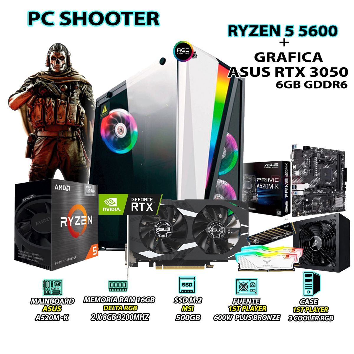 AMD - Computadora Gamer Shooter Ryzen 5 5600 RAM 16GB SSD 500GB ASUS RTX 3050 6GB