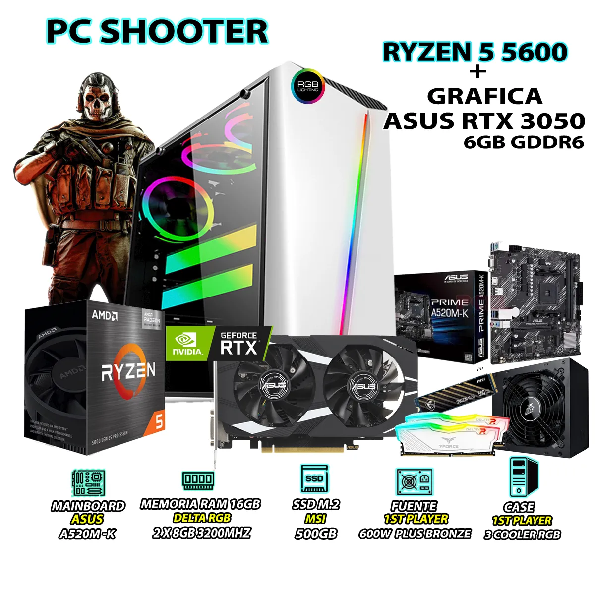 AMD - Computadora Gamer Shooter Ryzen 5 5600 RAM 16GB SSD 500GB ASUS RTX 3050 6GB