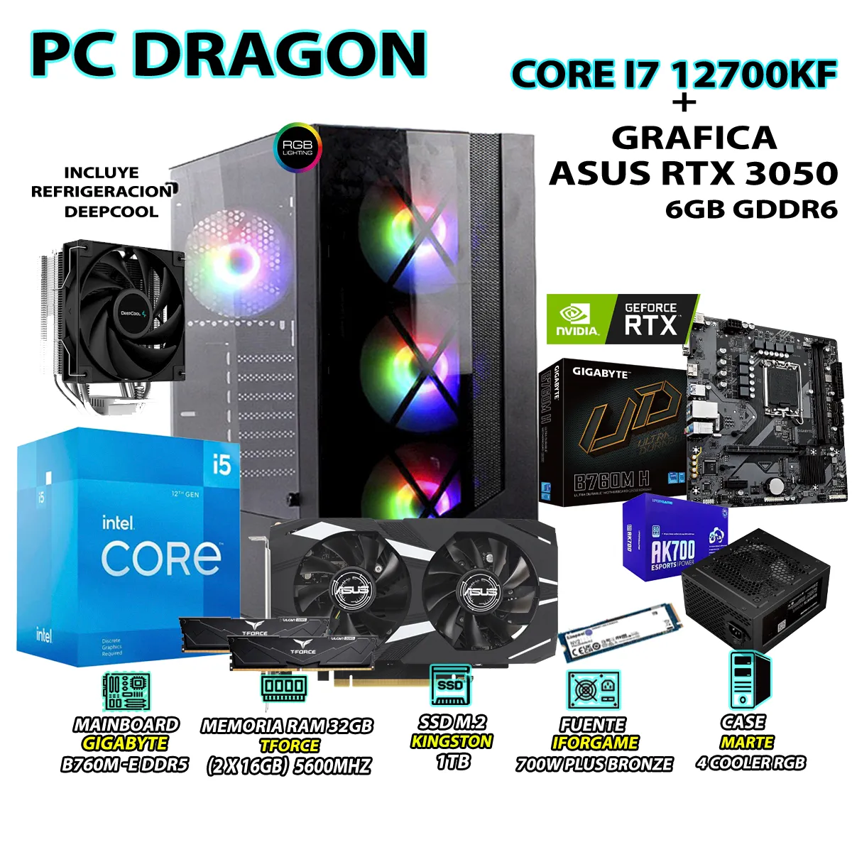 INTEL - Computadora Gamer Core i7 12700KF RAM DDR5 32GB SSD 1TB GRAFICA RTX 3050 6GB