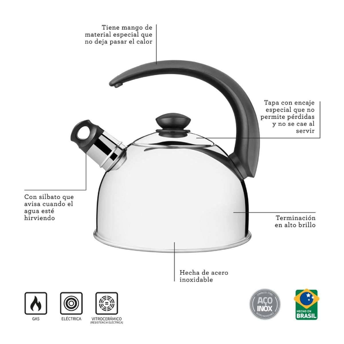 TRAMONTINA - Tetera con silbato de acero inox y mango negro de 2,1 litrosTramontina