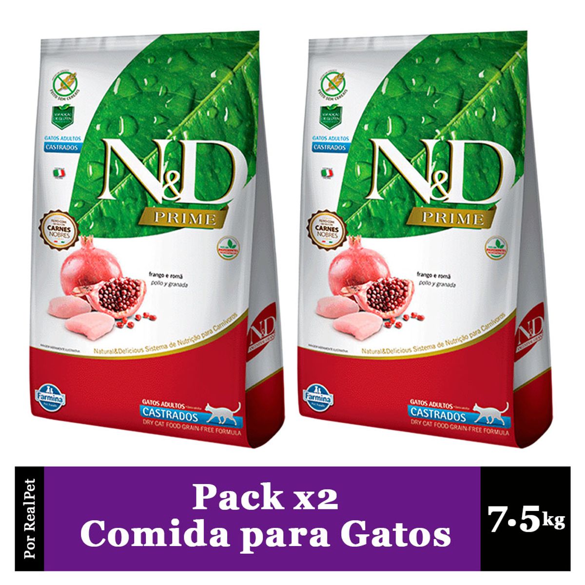 N&D - Pack x2 Comida para Gato Castrado N&D Pollo y Granada 7.5 kg
